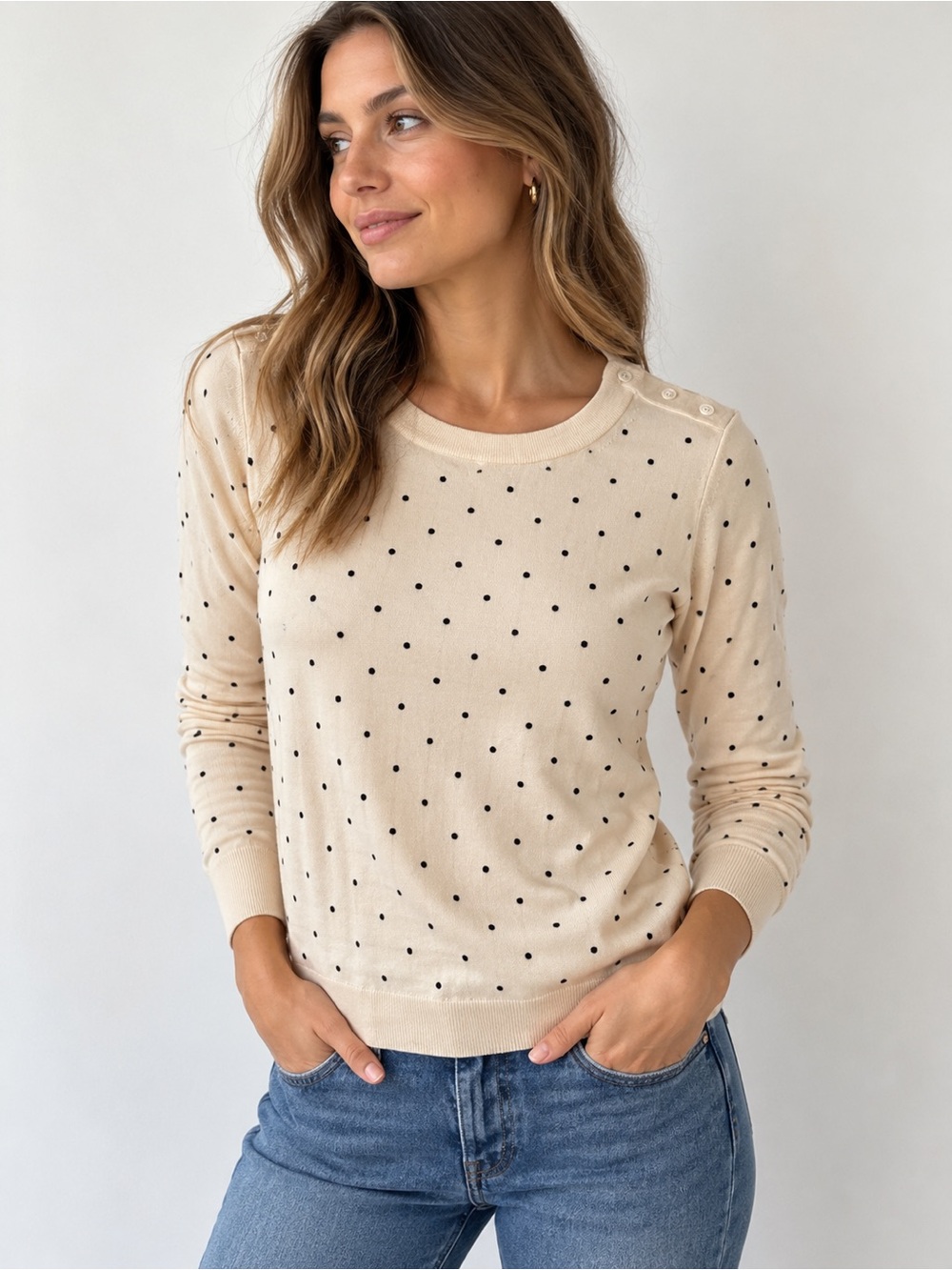 J. Crew Cream Crewneck Sweater with Black Polka Dots